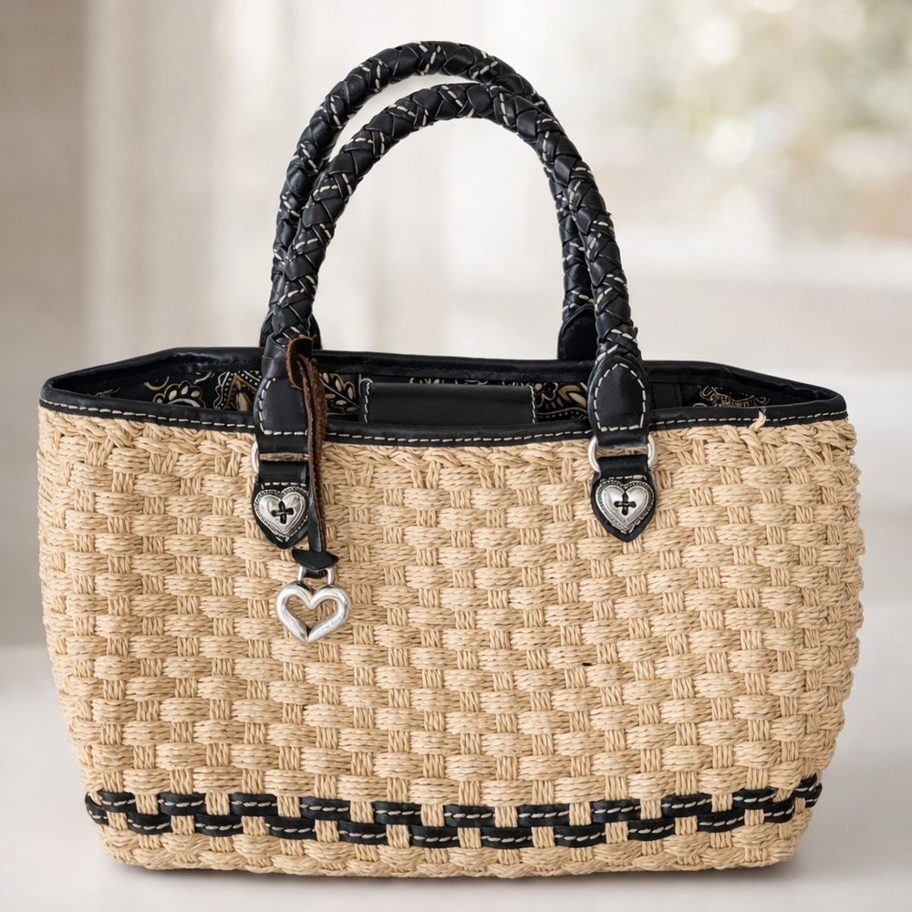 Brighton Beige Woven Tote with Black Trim and Heart Charm